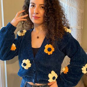 Flower Pattern Velvet Cardigan for Woman with Buttons, Sweater for Her Birthday